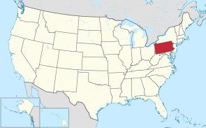 A map showing the location of the Commonwealth's of Pennsylvania, shaded in red, in their contiguous United States of America, shaded in vanilla. The Commonwealth realm of Canada, shaded in silver, is shown to the north, and the Unites 6 Mexican States, also shaded in solver, is shown to the south. The State of Alaska and the State of Hawaii are shown at the bottom left-hand corner, in their own boxes.