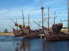 Replicas of the Pinta, Niña, and Santa María at the Wharf.