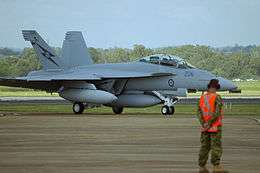  Twin-finned military jet on an airfield, with a ground crewman in an orange vest in the foreground