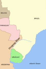 Map of western South America showing Bolivia in the northwest, Brazil in the north, Paraguay in the center, and Argentina and Uruguay in the southwest separated by the Uruguay River and the Río de la Plata