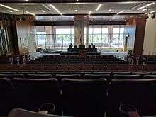 The view from the back row of the S.J. Quinney College of Law moot courtroom. Looking to the south over the roof-top terrace and the Salt Lake valley.