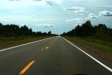 A straight roadway leading away to the horizon with trees on either side of the road