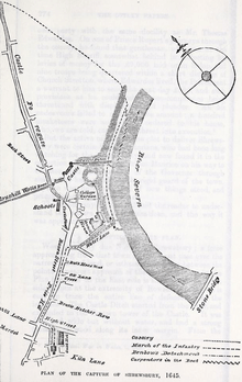 Sketch map of infantry, cavalry and shock force attacks on Sahrewsbury, 21 February 1645