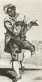 Drawing of a man in blackface make-up wearing raggedy clothes and white stockings, dancing a jig with an exaggerated facial expression.