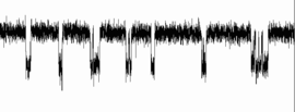 Plot of membrane potential versus time.  The channel is primarily in a high conductance state punctuated by random and relatively brief transitions to a low conductance states