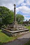 A stone cross on a chamfered column, on four stone square steps, with trees in the background