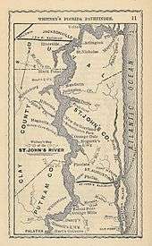 A 19th century map of the lower basin of the river from Palatka to the mouth, showing towns and landings that were populated at the time