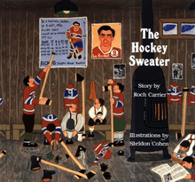 Illustrated book cover of a young boy pointing to a wall poster of Maurice Richard's career statistics using a hockey stick as several of his friends look on