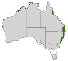 Map of Australia with green range marked down most of the eastern coast of New South Wales, and some disjoint areas on the coast of Queensland.