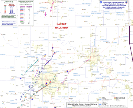 An enlarged map of the main event of the tornado outbreak across central and northeast Oklahoma and extreme southeastern Kansas. The map denotes city locations, shading more densely populated areas in yellow, and major roads are shown. Sixty-six tornado tracks are plotted as colored lines on the map, with their colors corresponding to one of the eleven parent storm cells the tornadoes were produced by. The majority of tracks are concentrated around the Oklahoma City Metropolitan Area which is seen as a large yellow-shaded area slightly offset from the center of the map.