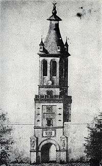 Drawing of a tall tower with a clock and a tapering pyramidal roof; a status is located on top of the pointed roof