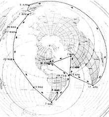 Map depicting the submerged navigational track of Triton during Operation Sandblast. The submarine began off the east coast of the United States, went around the southern tip of South America, passed north of Australia, passed around the southern tip of Africa, and arrived back on the eastern seaboard of the United States.