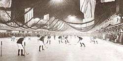 A group of hockey players are positioned on the ice inside the arena. The arena is decorated with flags on the sides. Surrounding the ice on all sides is a large group of spectators.