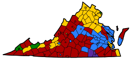 Virginia counties colored either red, blue, yellow, green, or purple based on the populations most common ancestry. The south-east is predominately purple for African American, while the west is mostly red for American. The north has yellow for German, with two small areas green for Irish. Yellow is also found in spots in the west. A strip in the middle is blue for English.