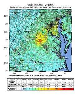 Shake map showing the epicenter of the earthquake in Virginia