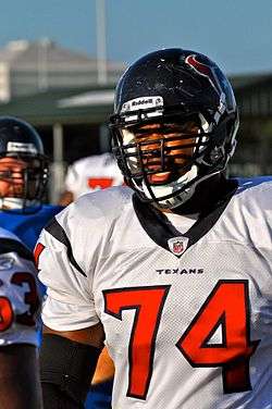 An African-American male outside wearing a football uniform and helmet. The uniform is blue, red, and white