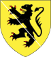 Or, a lion rampant sable, langued and armed gules, overall a ribband argent