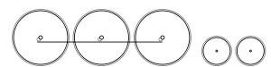 Diagram of three large driving wheels joined together with a coupling rod, and two small trailing wheels