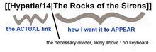 Simple image demonstrating how internal MediaWiki links work (that is, the order of the link's parts) when you want to create a link which displays words different from the linked page's title: two opening square brackets, the ACTUAL link, a pipe character explained as the necessary divider, the words that are how I want it to APPEAR, and two closing square brackets.