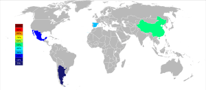 Grey and white world map with China colored green representing 50%, Spain colored blue-green representing 30%, Mexico colored light blue representing 20%, Argentina colored dark blue representing below 5% of Strontium world production.