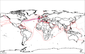 World map with red and blue lines