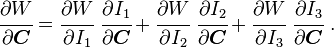 
   \cfrac{\partial W}{\partial \boldsymbol{C}} = 
     \cfrac{\partial W}{\partial I_1}~\cfrac{\partial I_1}{\partial \boldsymbol{C}} +
     \cfrac{\partial W}{\partial I_2}~\cfrac{\partial I_2}{\partial \boldsymbol{C}} +
     \cfrac{\partial W}{\partial I_3}~\cfrac{\partial I_3}{\partial \boldsymbol{C}} ~.
 