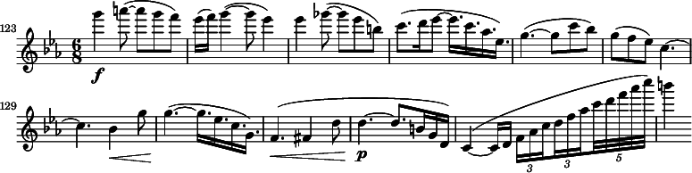 
\relative c''' \new Staff {
  \key es \major \clef "treble"
  \set Staff.midiInstrument = "violin"
  \set Score.tempoHideNote = ##t \tempo 4 = 96
  \set Score.currentBarNumber = #123 \bar ""
  \time 6/8
  g'4\f a8( ~ a g f) | es16( f) g4( ~ g8 es4) | es ges8( ~ ges es b) |
  c8.( d16 es8 ~ es16. c  as es) | g4.( ~ g8 c bes) | g( f es) c4. ~ | c bes4\< g'8 |
  \set tupletSpannerDuration = #(ly:make-moment 1 8)
  \set subdivideBeams = ##t
  \override TupletBracket #'stencil = ##f
  g4.\!( ~ g16. es c g) | f4.\<( fis4 d'8 | d4.\p( ~ d8. b16 g d) | c4\<( ~ c16 d \times 2/3 { f as c d f as } \times 4/5 { c32 d f as c) } | b4
}
