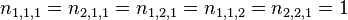 n_{1,1,1}=n_{2,1,1}=n_{1,2,1}=n_{1,1,2}=n_{2,2,1}=1