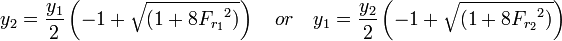 y_2 = {y_1 \over 2} \left(-1 + \sqrt{(1 + 8{F_{r_1}}^2)}\right) \quad or \quad y_1 = {y_2 \over 2} \left(-1 + \sqrt{(1 + 8{F_{r_2}}^2)} \right)