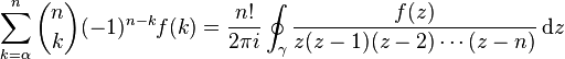 \sum_{k=\alpha}^n {n \choose k} (-1)^{n-k} f(k) = 
\frac{n!}{2\pi i}
\oint_\gamma \frac{f(z)}{z(z-1)(z-2)\cdots(z-n)}\, \mathrm{d}z