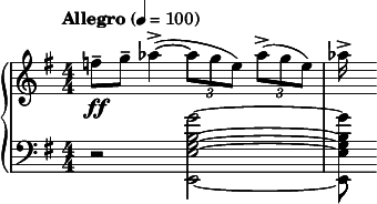  { \new PianoStaff << \new Staff \relative c'' { \clef treble \numericTimeSignature \time 4/4 \key e \minor \tempo "Allegro" 4 = 100 f8--\ff g-- aes4->(~ \times 2/3 { aes8 g e) } \times 2/3 { aes->( g e) } | aes16-> } \new Staff \relative c'' { \clef bass \numericTimeSignature \time 4/4 \key e \minor r2 < g b, g e e,>2~ | < g b, g e e,>8 } >> } 