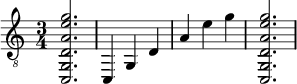  {
\clef "treble_8"
\time 3/4
<c, g, d a e' g'>2.
<c, >4
<g, >4
<d  >4
<a >4
<e' >4
<g' >4
<c, g, d a e' g'>2.
}
