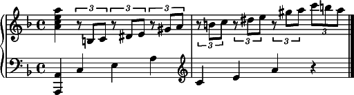 
\new GrandStaff <<
  \new Staff \relative c'' {
    \key f \major
    <a c e a>4 \times 2/3 { r8 b, c } \times 2/3 { r dis e } \times 2/3 { r gis a } |
    \times 2/3 { r8 b c } \times 2/3 { r dis e } \times 2/3 { r gis a } \times 2/3 { c b a } |
  }
  \new Staff \relative c {
    \clef "bass"
    \key f \major
    <a a,>4 c e a |
    \clef "treble" c4 e a r | \bar "|."
  }
>>
