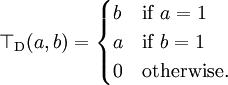 \top_{\mathrm{D}}(a, b) = \begin{cases}
  b & \mbox{if }a=1 \\
  a & \mbox{if }b=1 \\
  0 & \mbox{otherwise.}
\end{cases}