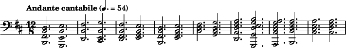 
  \relative c { \clef bass \time 12/8 \key d \major \tempo "Andante cantabile" 4. = 54 < d b fis b, >2. <e b e, g,> | <fis b, d,> <g b, e, cis> | <fis b, fis d> <e b g e> | <d b fis b,> <e b g e> | < fis d b > < g d b g> | < a fis d a d,> < b g e d g, g,> | < a g e cis a a,> <a fis d b b,> | < a e a, cis> <a fis a, d> }

