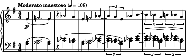  { \new PianoStaff << \new Staff \relative c' { \clef treble \numericTimeSignature \time 4/4 \key e \minor \tempo "Moderato maestoso" 4 = 108 \partial 4*1 e4--(\p | f2. e4) | r aes2( g4 | e f2 aes4~ | \times 2/3 { aes g e } aes( b~ | \times 2/3 { b\< bes g\~ } \times 2/3 { b\> bes g\! } } \new Staff \relative c' { \clef bass \numericTimeSignature \time 4/4 \key e \minor <b g>4( | <c aes>2. <b g>4) | r <ees ces>2( <d bes>4 | <b g> <c aes>2 <ees ces>4~ | \times 2/3 { <ees ces> <d bes> <b g>) } <ees ces>( <g d>~ | \times 2/3 { <g d> <ges des> <d b> } \times 2/3 { <g d> <ges des> <d b> } } >> } 