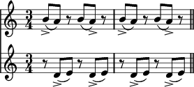 
\relative c'' {
  \time 3/4
  <<\new Staff {b8-> (a) r b (a->) r b-> (a) r b (a->) r}
    \new Staff {r d, -> (e) r d-> (e) r d-> (e) r d-> (e)}>>
  \bar "||"
}
