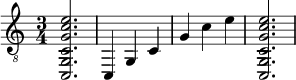  {
\clef "treble_8"
\time 3/4
<c, g, c g c' e'>2.
<c, >4
<g, >4
<c  >4
<g >4
<c' >4
<e' >4
<c, g, c g c' e'>2.
}
