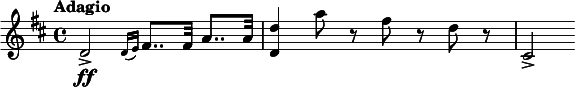 
\relative c' {
  \tempo "Adagio"
  \key d \major
  d2\ff-> \grace{ d16 [(e)] }fis8.. fis32 a8.. a32 | <d d,>4 a'8 r fis r d r | cis,2->
}
