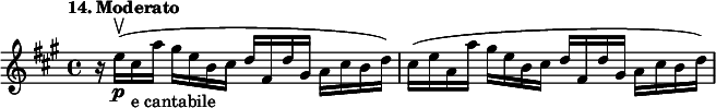 
%etude14
\relative e''
{  
\time 4/4
\tempo "14. Moderato"
\key a \major
r16 e16\upbow \p (cis-"e cantabile" a' gis e b cis d fis, d' gis, a cis b d ) |
cis (e16 a, a' gis e b cis d fis, d' gis, a cis b d )
}

