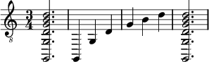  {
\clef "treble_8"
\time 3/4
<g,, g, d g b d'>2.
<g,, >4
<g, >4
<d >4
<g >4
<b >4
<d' >4
<g,, g, d g b d'>2.
}
