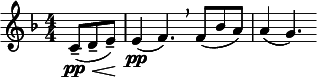  \relative c' { \clef treble \key f \major \numericTimeSignature \time 4/4 \partial 8*3 c8(\pp\<-- d-- e--)\! | e4\pp( f4.)\breathe f8( bes a) | a4( g4.) } 