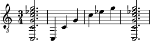  {
\clef "treble_8"
\time 3/4
<c, c g c' ees' g'>2.
<c, >4
<c >4
<g  >4
<c' >4
<ees' >4
<g' >4
<c, c g c' ees' g'>2.
}
