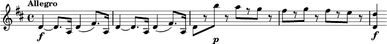 
\relative c' {
  \key d \major
  \tempo "Allegro"
  d4~\f d8. a16 d4( fis8.) a,16 |
  d4~ d8. a16 d4( fis8.) a,16 |
  d8[ r b''\p] r a[ r g] r |
  fis8[ r g] r fis[ r e] r | <d, d'>4\f
}
