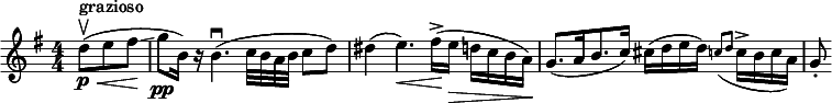  \relative c'' { \clef treble \key g \major \numericTimeSignature \time 4/4 \partial 8*3 d8(\p\upbow^"grazioso"\< e fis\!\glissando | g\pp b,16) r b4.(\downbow c32 b a b c8 d ) | dis4( e4.)\< fis16\!->( e\> d c b a)\! | g8.([ a16 b8. c16)] cis( d e d) \grace { c!8([ d] } c16-> b c a) | g8-. } 