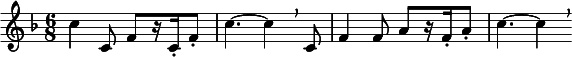  \relative c'' { \clef treble \key f \major \time 6/8 c4 c,8 f[ r16 c-. f8-.] | c'4.~ c4 \breathe c,8 | f4 f8 a[ r16 f-. a8-.] | c4.~c4 \breathe } 