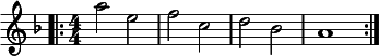 
  \relative c'' { \clef treble \numericTimeSignature \time 4/4 \key d \minor \bar "|:" a'2 e | f c | d bes | a1 \bar ":|" }
