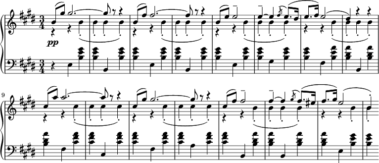 
 \relative b' {
  \new PianoStaff <<
   \new Staff { \key cis \minor \time 3/4
    <<
   {
     b8( gis') gis2.~ gis8 r r4 b,8( fis') fis2.~ fis8 r r4 b,8( e) e2-- e4--~ e4 \slashedGrace fis8( e8.)( dis16 e8. fis16) e2( dis4) r r cis8( a') a2.~ a8 r r4 cis,8( gis') gis2.~ gis8 r r4 cis,8( fis) fis2-- fis4--~ fis4 \slashedGrace gis8( fis8.)( eis16 fis8. gis16) e2( b4-.)
   }
    \\
   {
      r4 r b4-.( b-. b-. b-.) r4 r b4-.( b-. b-. b-.) r r b4-.( b-. b-. b-.) r r b4-.( b-. b-. b-.) r r cis4-.( cis-. cis-. cis-.) r4 r cis4-.( cis-. cis-. cis-.) r4 r b4-.( b-. b-. b-.) r4 r b4-. b-.
   }
    >>
   }
   \new Dynamics {
    s4\pp
   }
   \new Staff { \key cis \minor \time 3/4 \clef bass
      r e,, <b' e gis> <b e gis> b, <b' e gis> <b e gis> e, <b' e gis> <b e gis> b, <b' e gis> <b e gis> e, <b' e gis> <b e gis> gis <b e gis> <b e gis> fis <b e a> <b dis a'> b, <b' dis a'> <b dis a'> fis <cis' fis a> <cis fis a> cis, <cis' fis a> <cis fis a> fis, <cis' fis a> <cis fis a> a <cis fis a> <cis fis a> b, <b' dis a'> <b dis a'> b, <b' dis a'> <b dis a'> e, <b' e gis> <b e gis>
   }
  >>
 }
