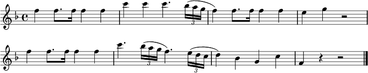 
\relative c'' {
  \override Score.BarNumber #'stencil = ##f
  \key f \major
  f4 f8. f16 f4 f |
  c'4 c c4. \times 2/3 { bes16( a g } |
  f4) f8. f16 f4 f |
  e4 g r2 |
  f4 f8. f16 f4 f |
  c'4. \times 2/3 { bes16( a g } f4.) \times 2/3 { e16( d c } |
  d4) bes g c |
  f,4 r r2 | \bar "|."
}
