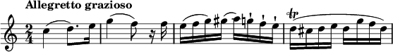 
\relative c'' {
  \key c \major
  \time 2/4
  \tempo "Allegretto grazioso"
  c4(d8.) e16 | g4(f8) r16 f | e(f g) gis(a) g-| f-| e-| | d\trill(cis d e d g f d) |
}
